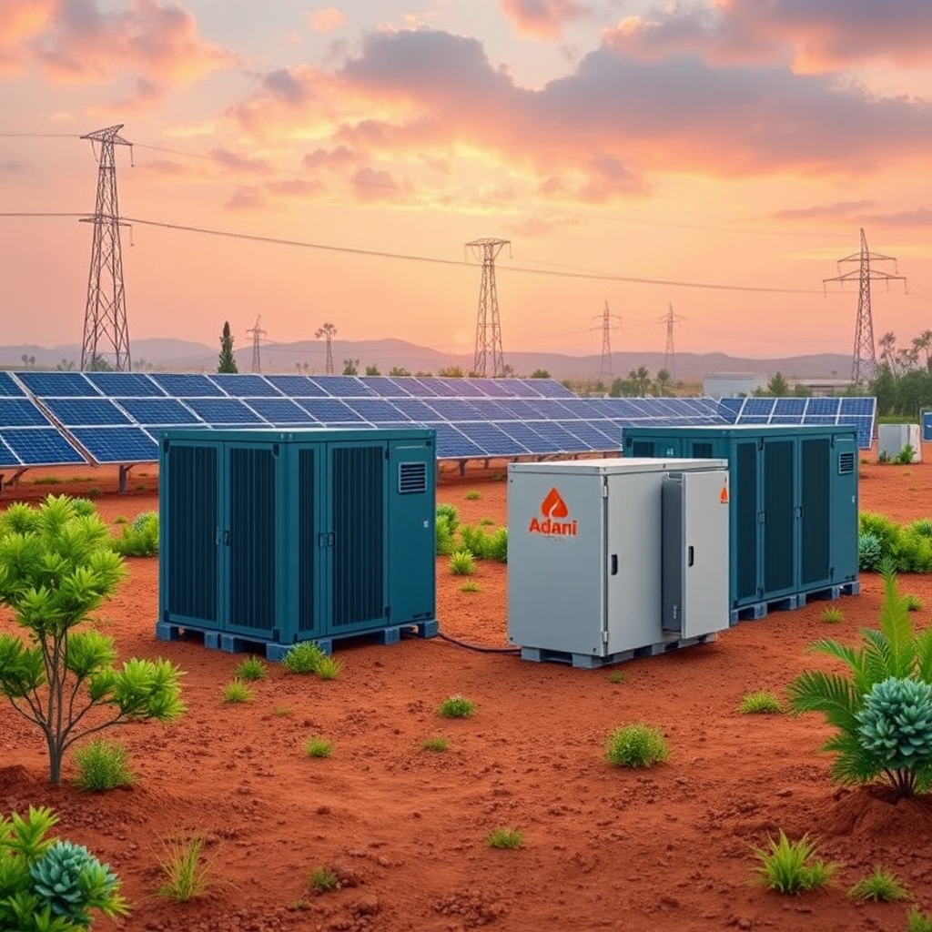 AI-generated illustration: Adani Green adds 3 GWh BESS, targets 10 GWh by FY 2027 end