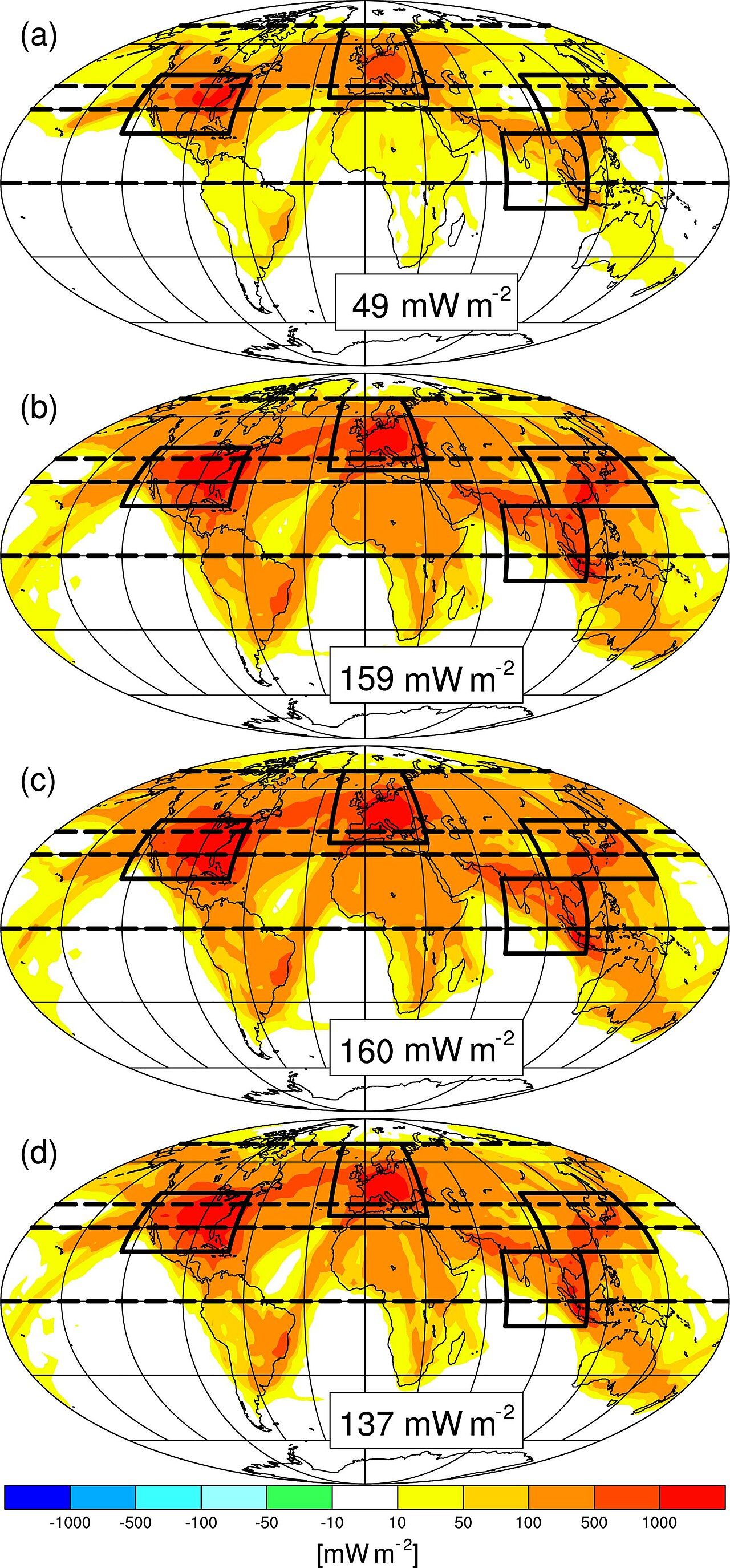 Radiative forcing in scenarios C2006-T06 (a), C2006-T50 (b), C2050-T50 (c) and C2050-T50M (d). Boxes (solid lines) and latitude bands (dashed lines) i