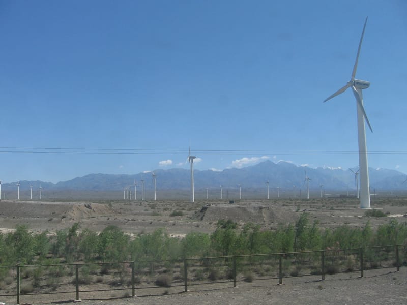 A picture of a Goldwind wind farm outside of Urumqi, China, taken from a Lanzhou-Urumqi train.