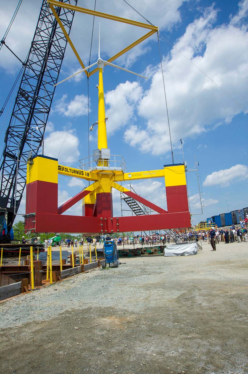 The University of Maine-developed VolturnUS 1:8 is a 65-foot-tall floating turbine prototype that is 1:8th the scale of a 6-megawatt (MW), 450-foot ro