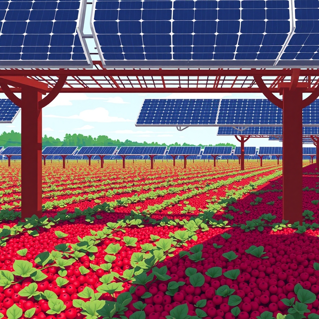 AI-generated illustration: Massachusetts cranberry bogs yield first harvest under solar panels