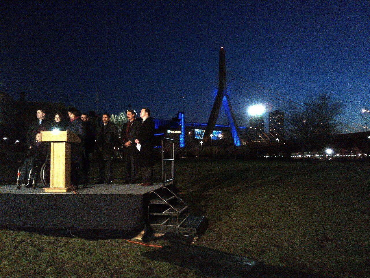 MassDOT Secretary & CEO Richard A. Davey celebrated the relighting of the Leonard P. Zakim Bunker Hill Bridge with local officials, community leaders,