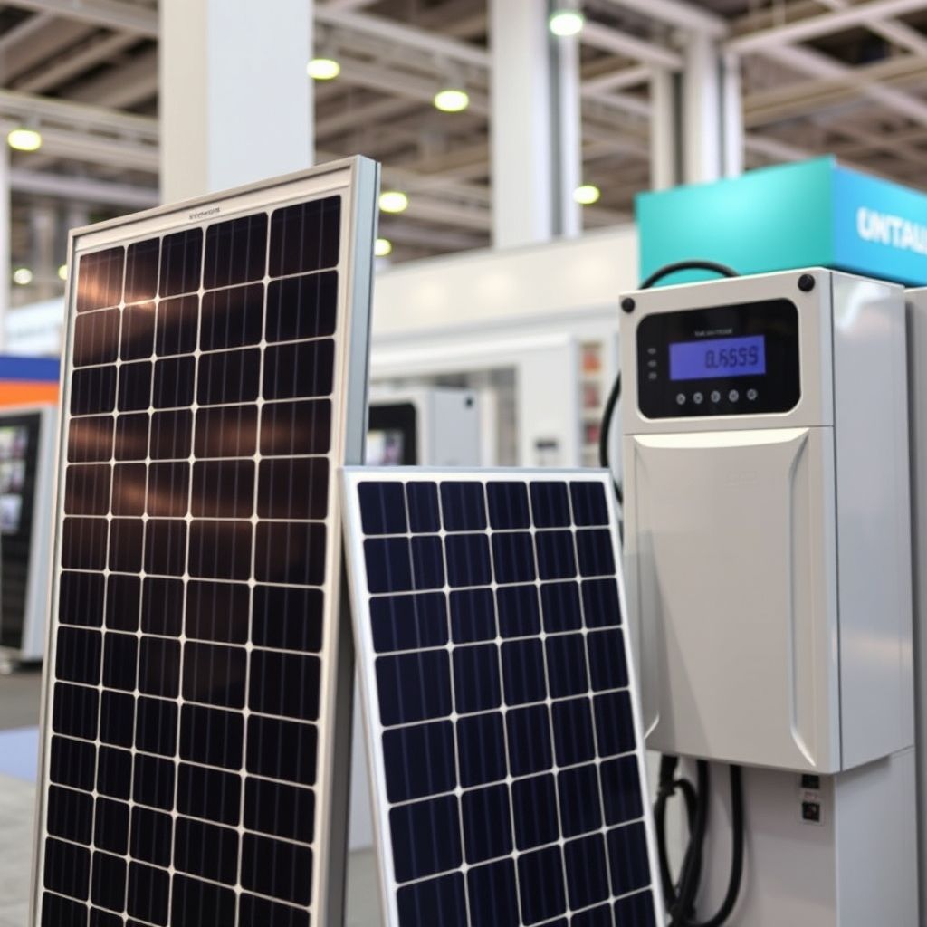 AI-generated illustration: Shakti Pumps unveils 620 Wp TOPCon module, AI inverter at REI Expo 2026