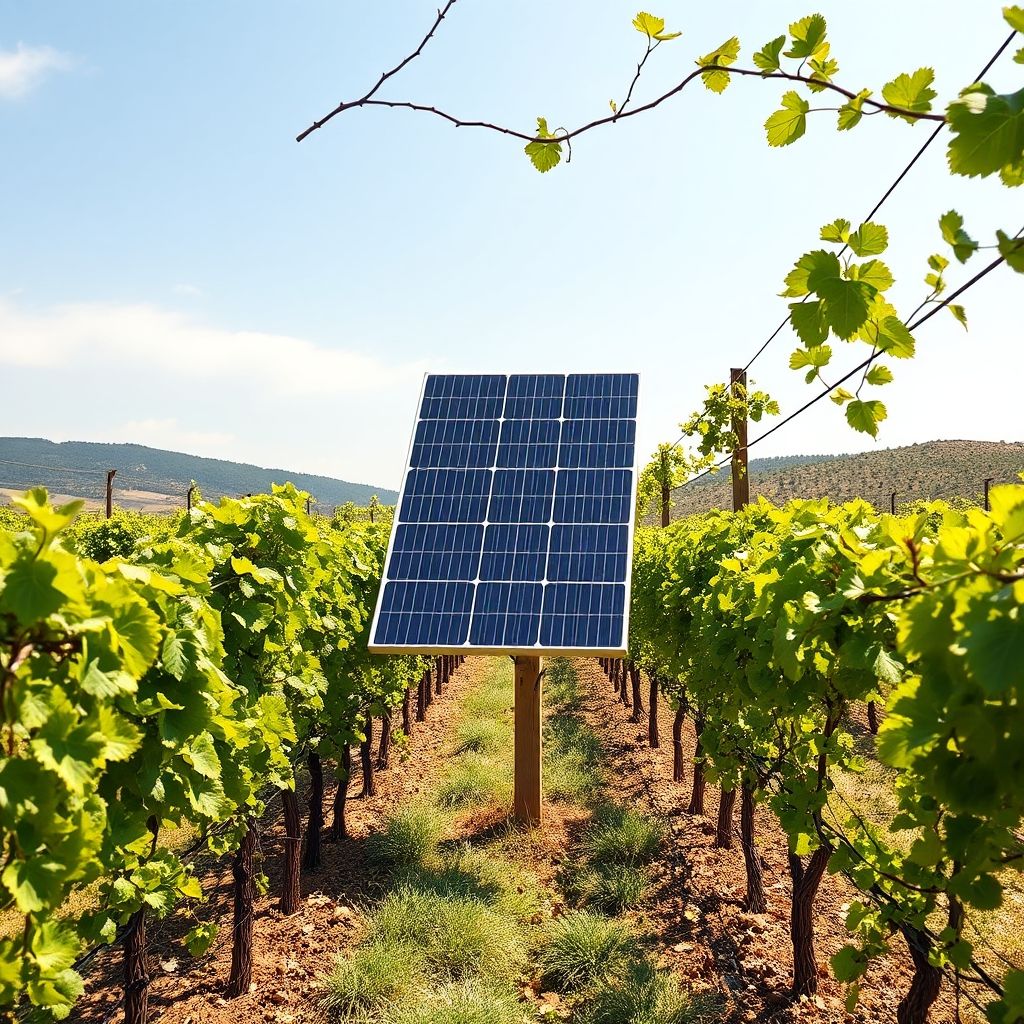 AI-generated illustration: Spanish study validates vertical agrivoltaics in commercial vineyards
