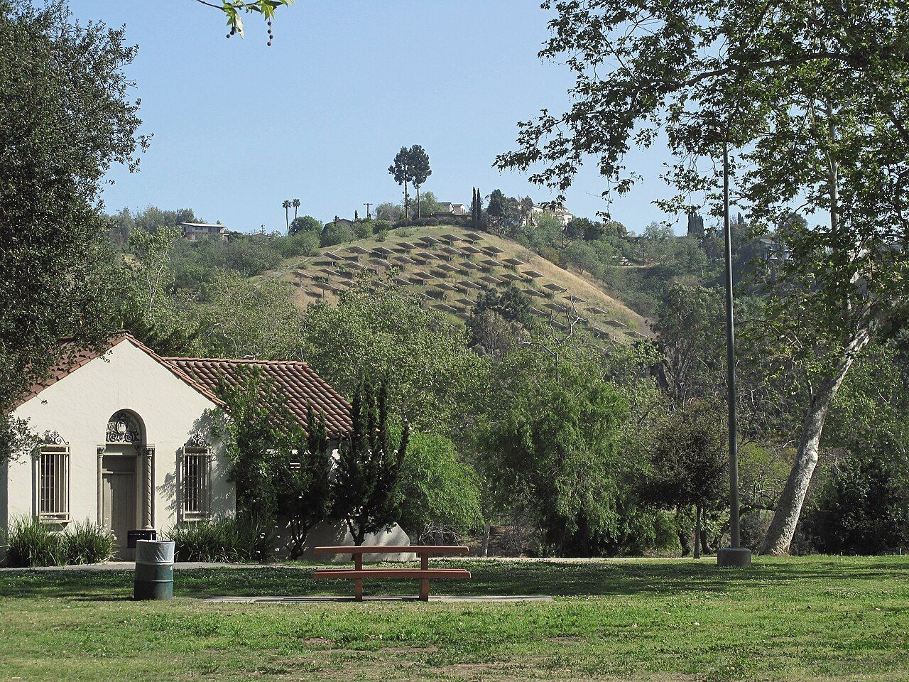 Sycamore Grove Park in the Arroyo Seco , and the Montecito Heights district of Northeast Los Angeles, California. View toward the hillside solar panel